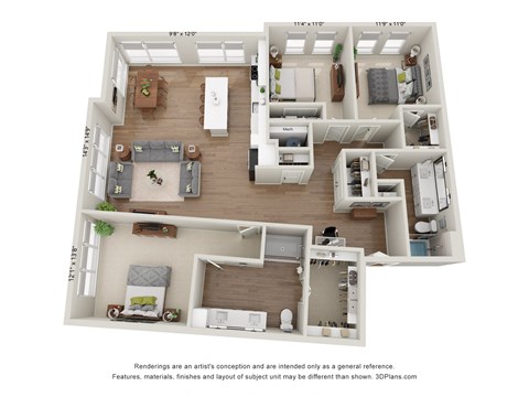 Floor plan for 3 beds, 2 baths, 1695 sqft